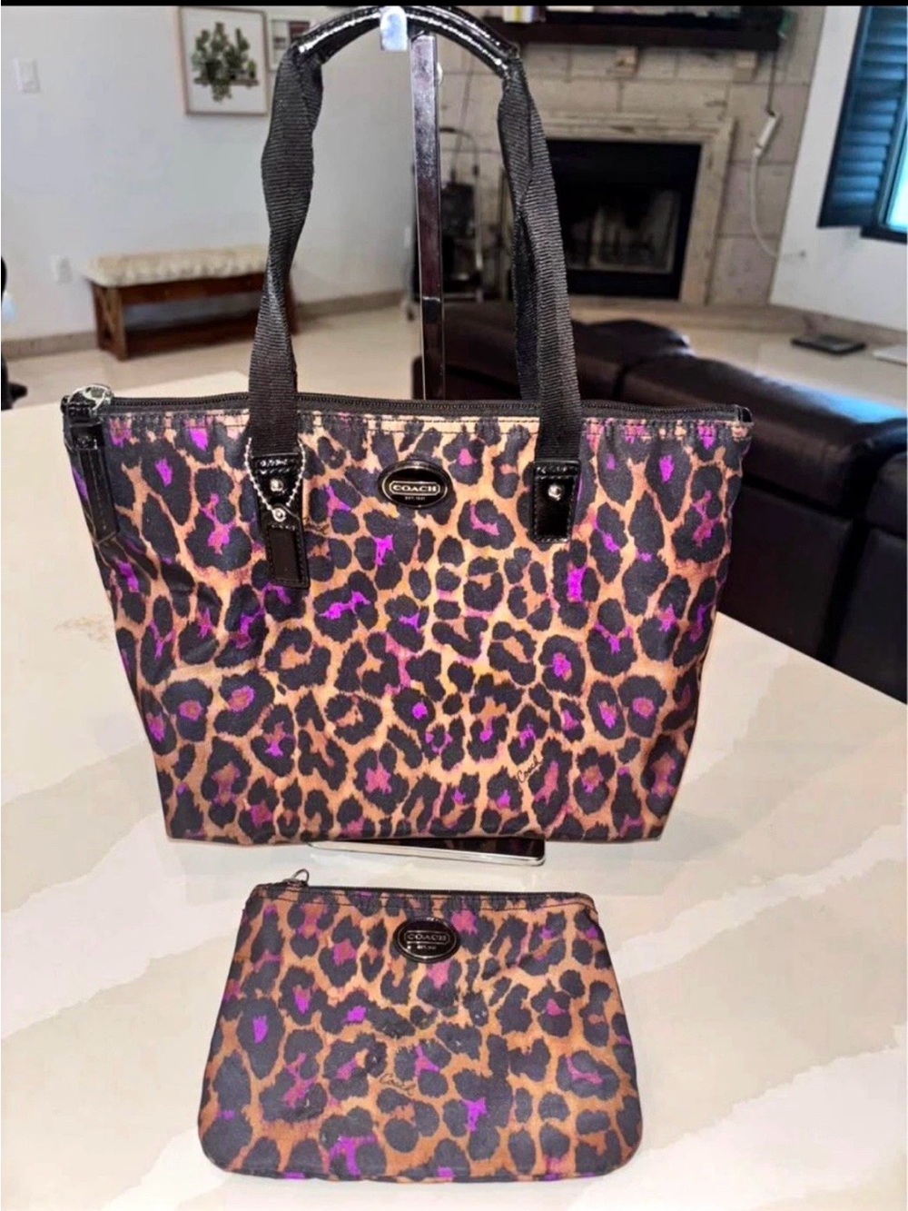 Coach Leopard-Print Tote with Matching Pouch — Brown & Purple Accents